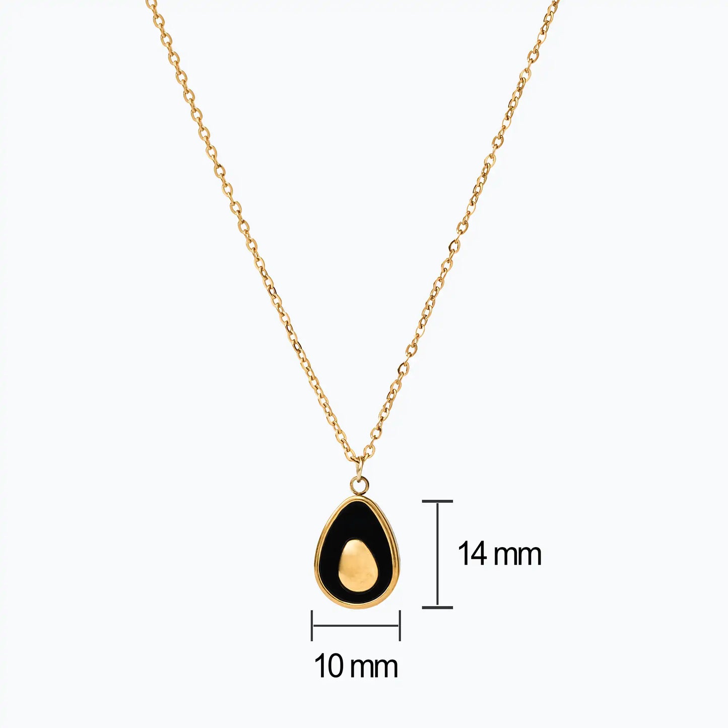 gold necklace with black teardrop pendant and chain