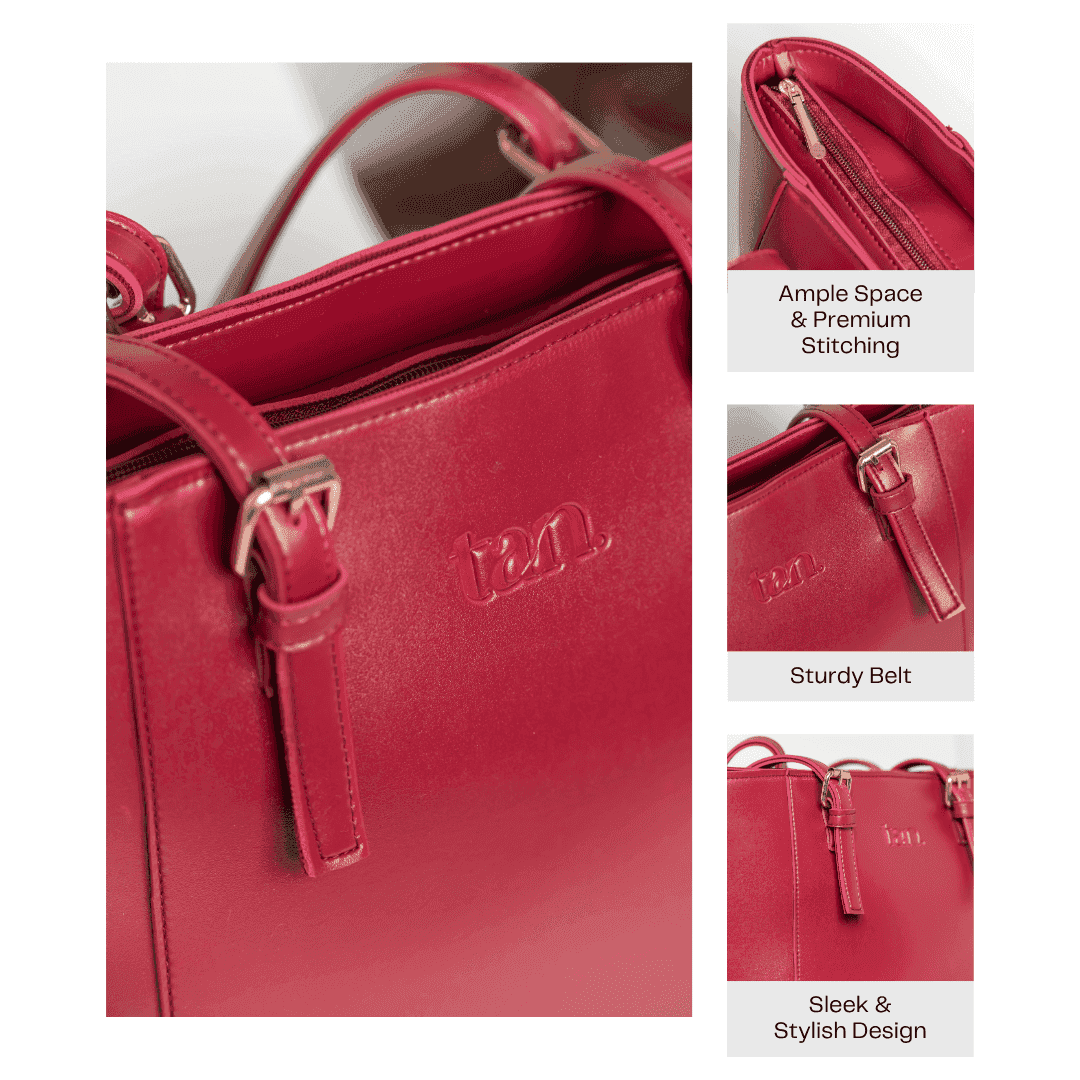 Detailed features of a crimson red tote bag including premium stitching, sturdy straps, and a secure zipper closure.