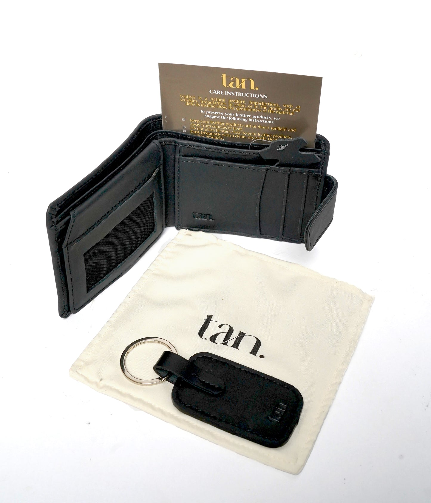 black bifold and matching keychain set for men - tan.
