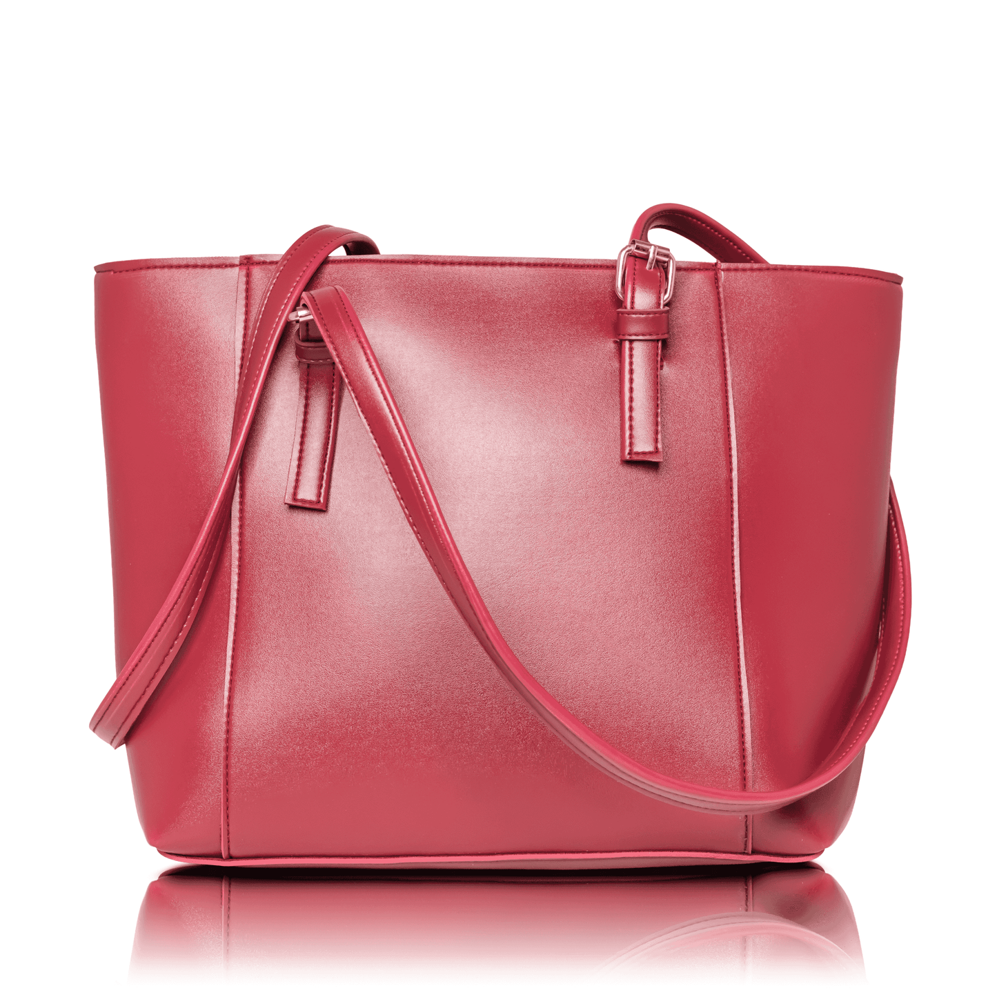 Metallic burgundy red tote bag with adjustable shoulder straps and top handles