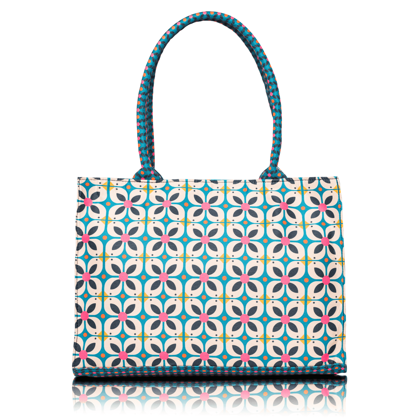 Spacious printed shoulder bag for women, colorful geometric pattern tote for daily use.