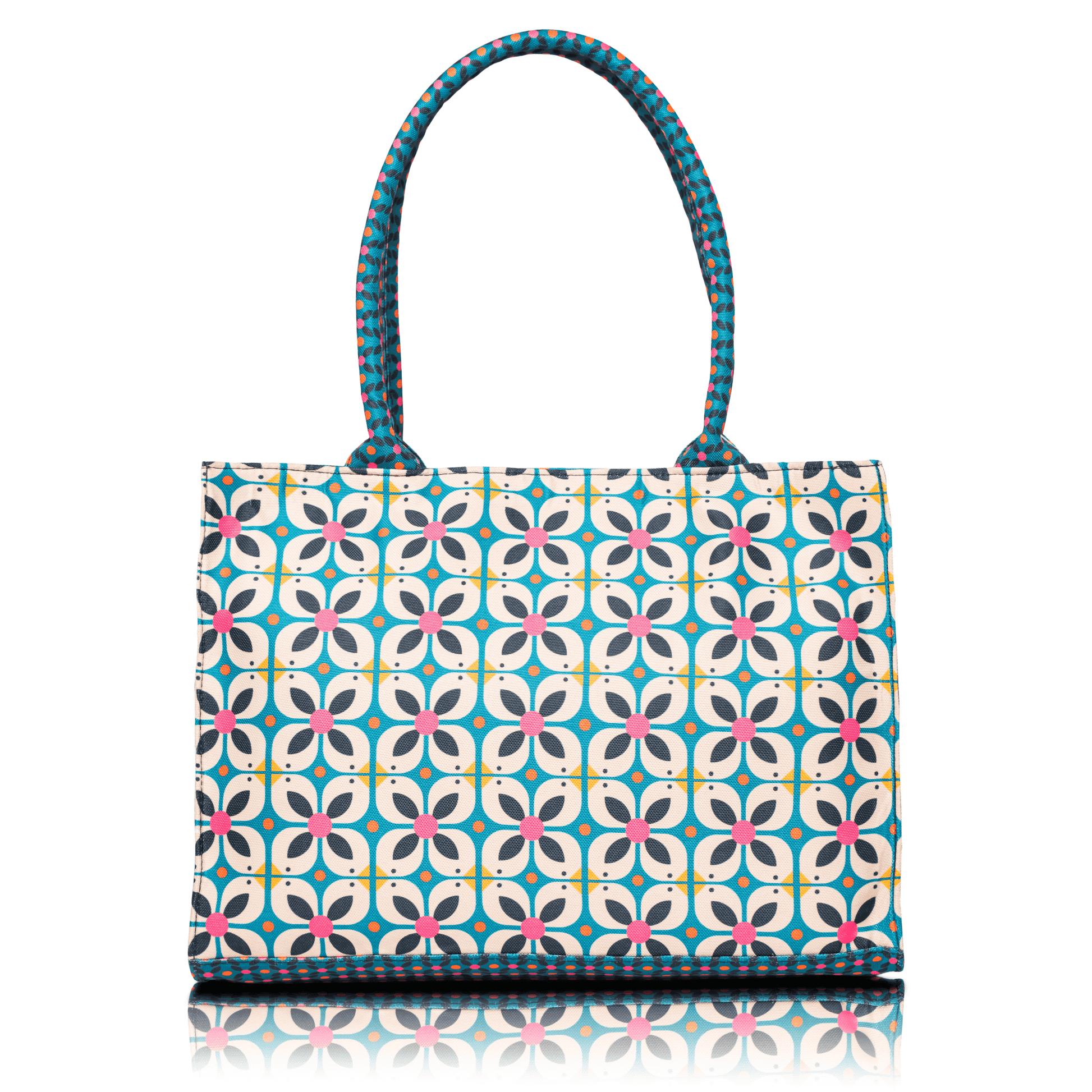 Spacious printed shoulder bag for women, colorful geometric pattern tote for daily use.