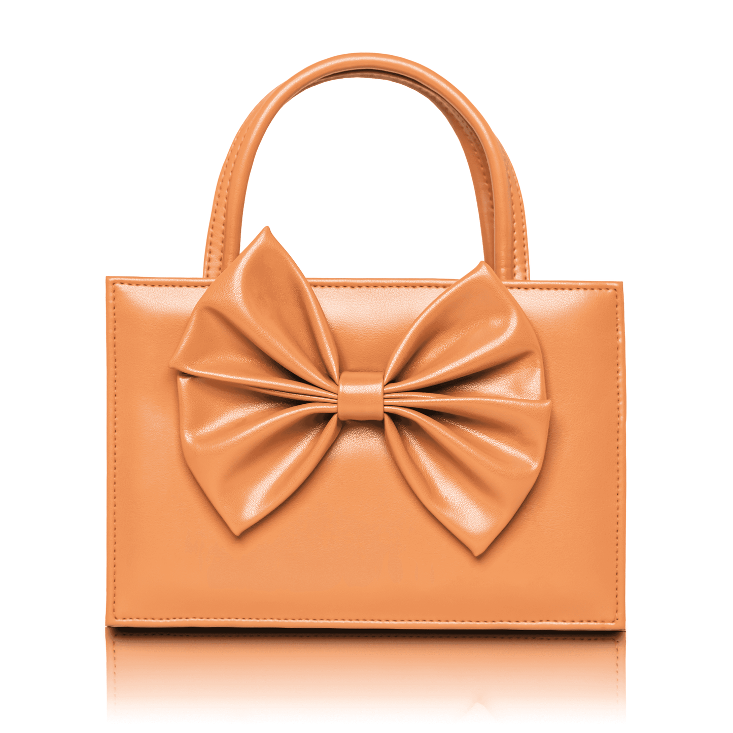 Small tan top handle handbag featuring a large decorative leather bow.