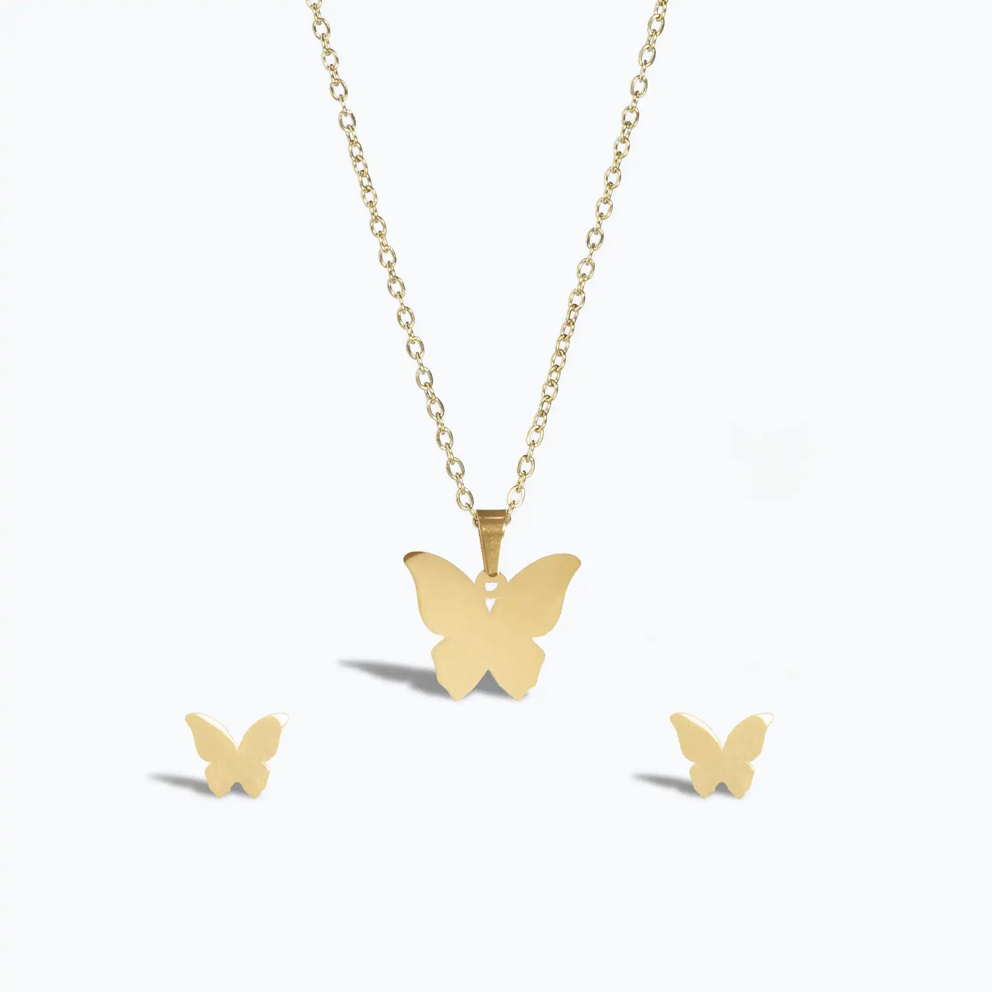 Dainty gold plated butterfly pendant necklace and butterfly stud earrings for women.