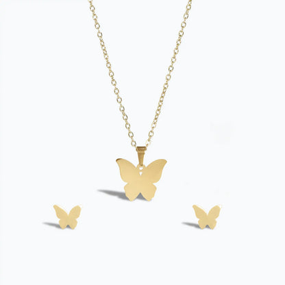 Dainty gold plated butterfly pendant necklace and butterfly stud earrings for women.