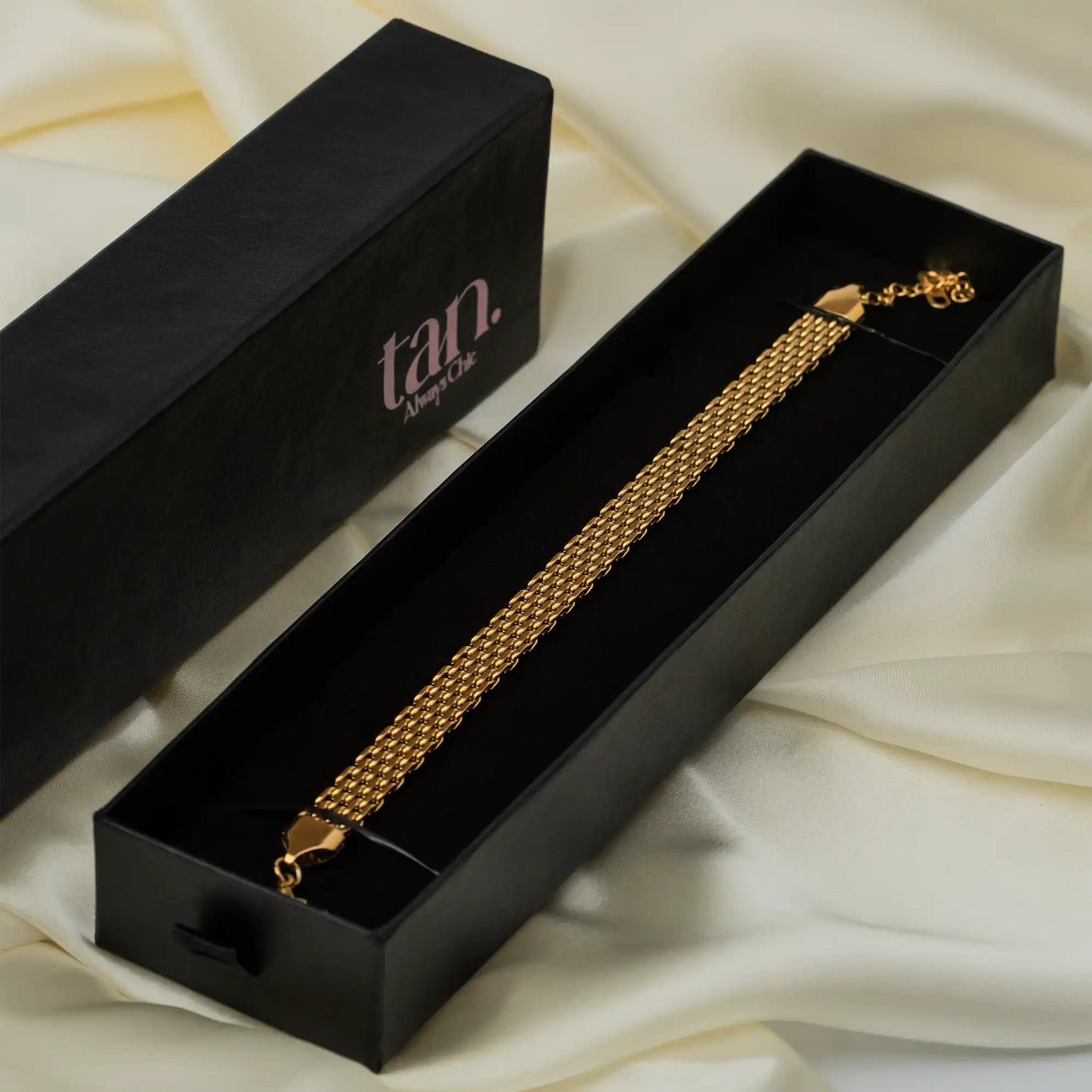 Tanstore gold mesh link bracelet for women, adjustable golden wristband.