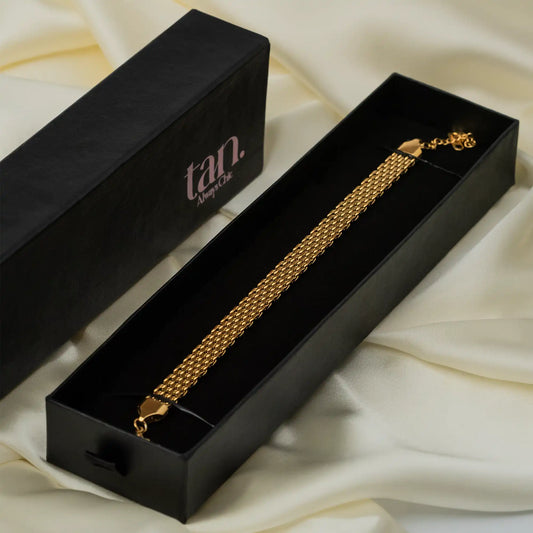 Tanstore gold mesh link bracelet for women, adjustable golden wristband.