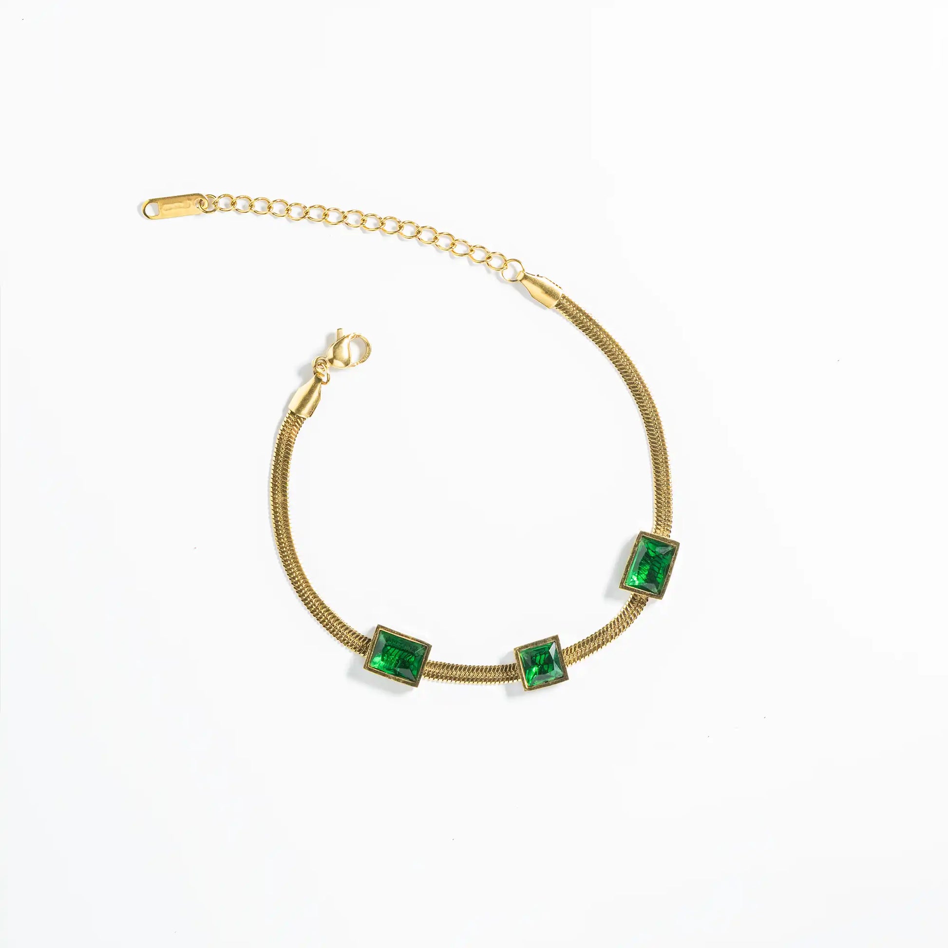 golden snake chain women's bracelet with green stones and adjustable lock