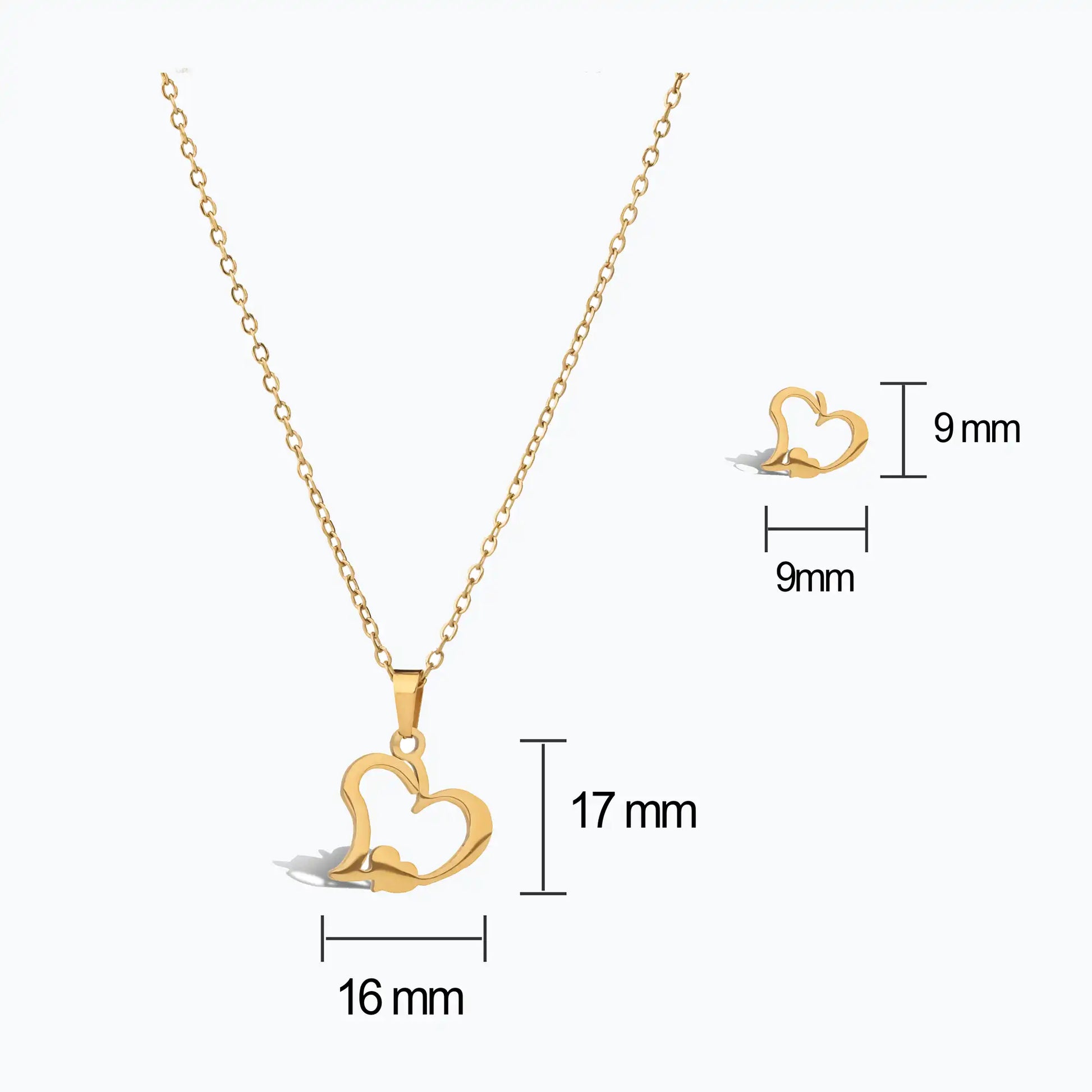 Gold heart-shaped necklace and studs with measurements 