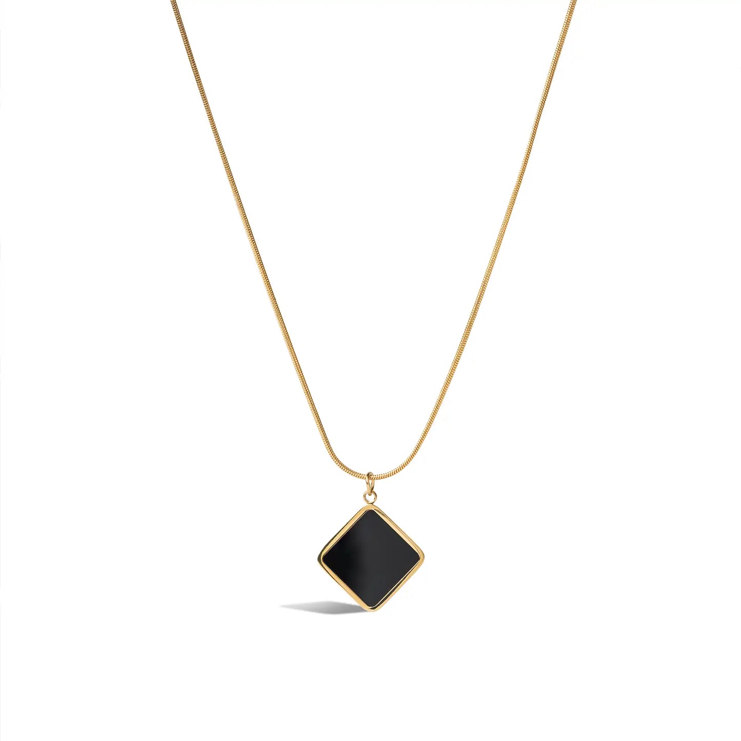 Dainty gold necklace with black square pendant, modern jewelry gift for women.