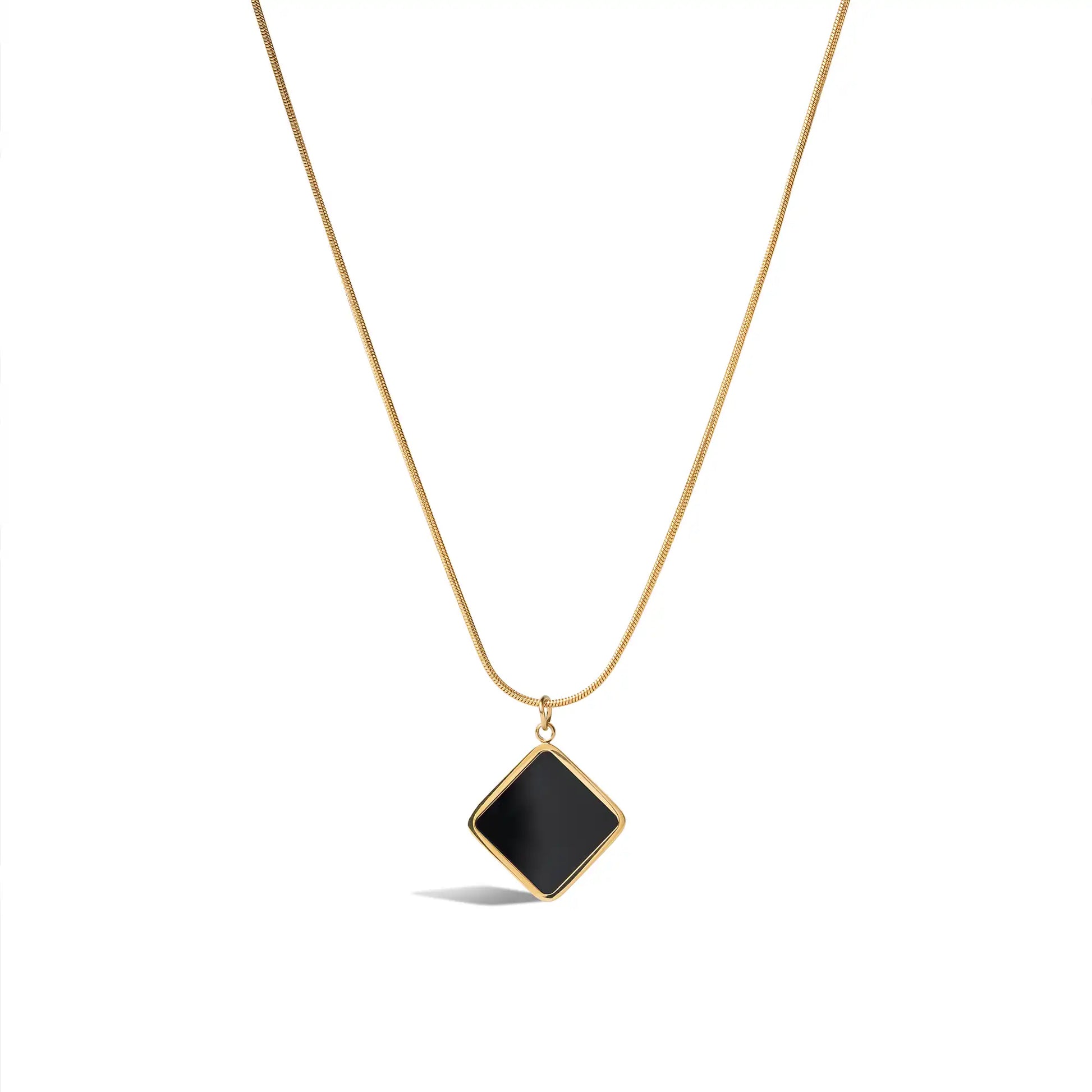 Dainty gold necklace with black square pendant, modern jewelry gift for women.