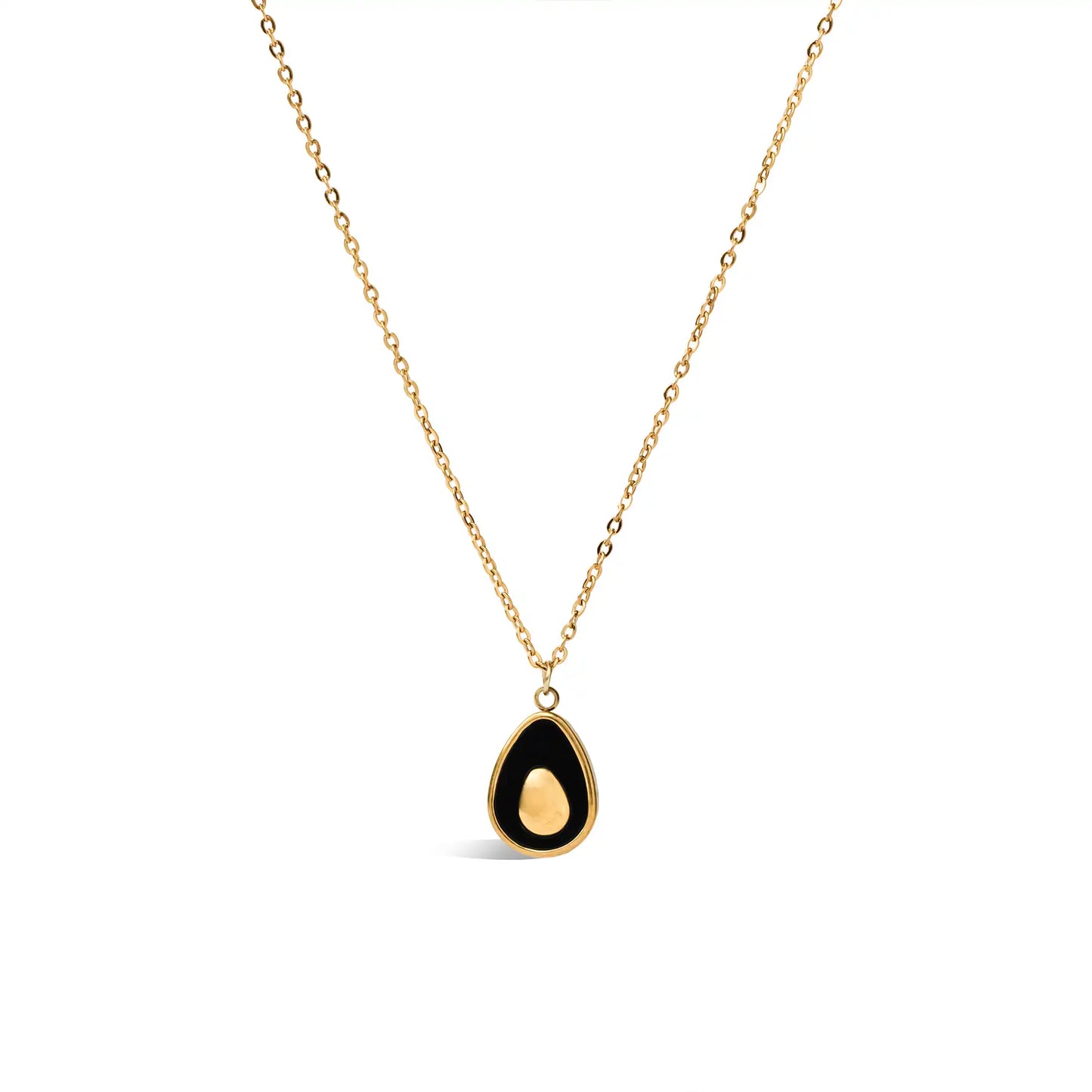 gold necklace with black teardrop pendant and delicate chain