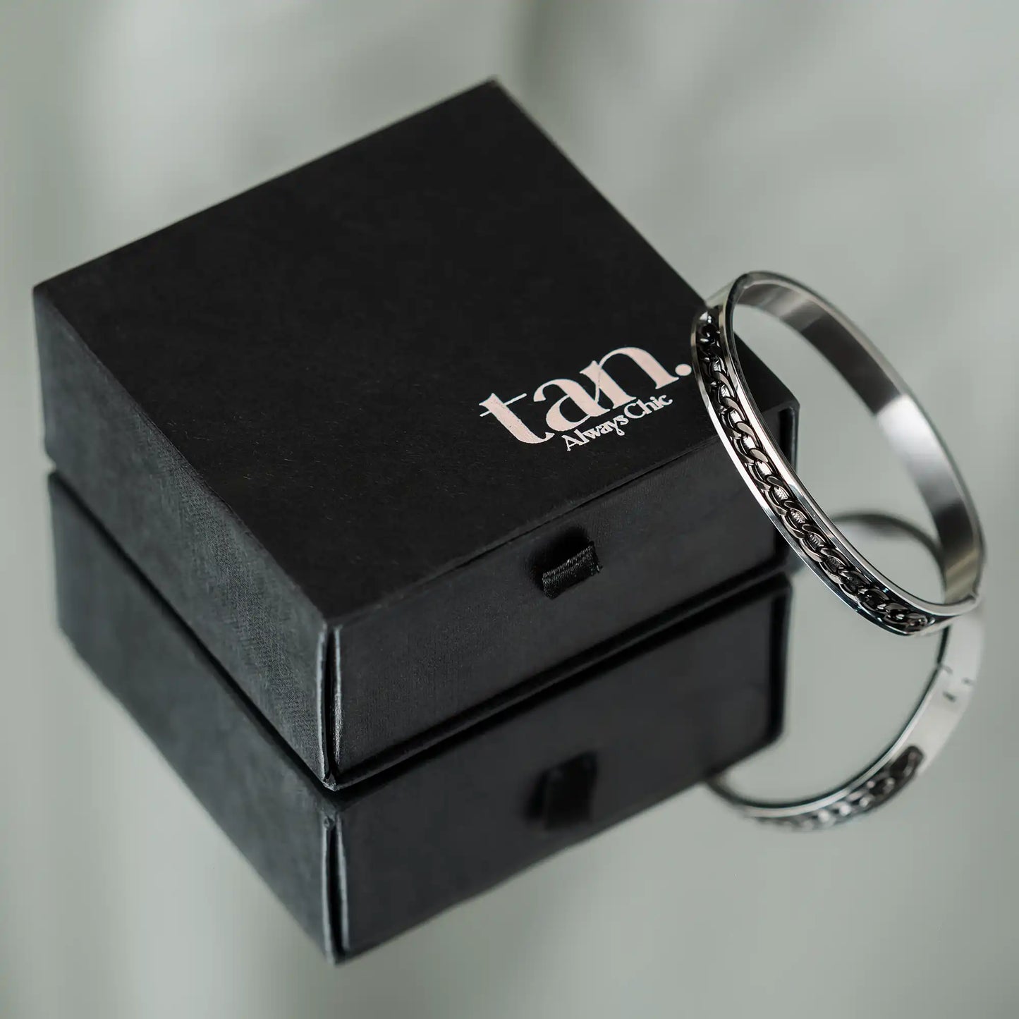 Silver stainless steel bangle for men with chain link inlay, tarnish-proof cuff bracelet by tan.