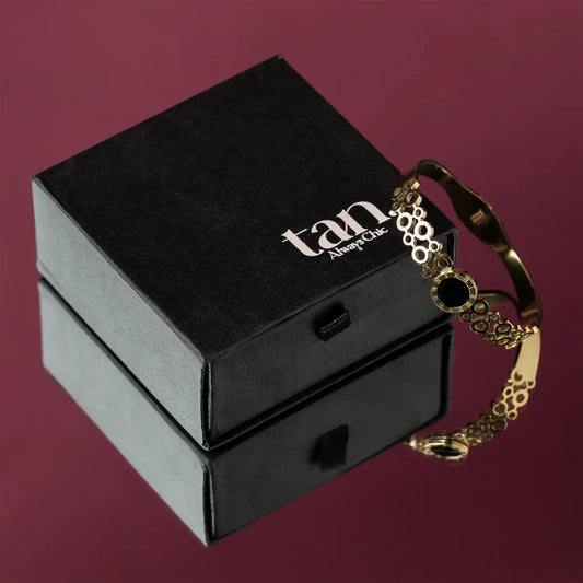 golden cuff bracelet for women with gift packaging, fashion accessories by tanstore.pk