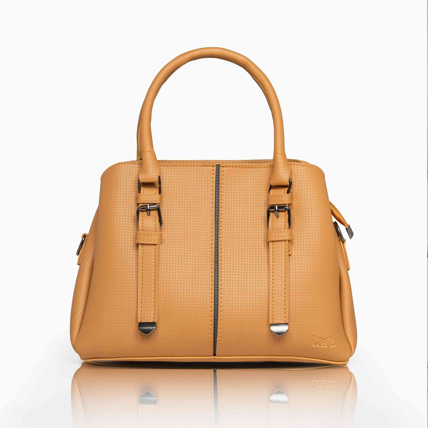 Mustard yellow textured satchel bag with cross-hatch pattern and gunmetal hardware by tan.