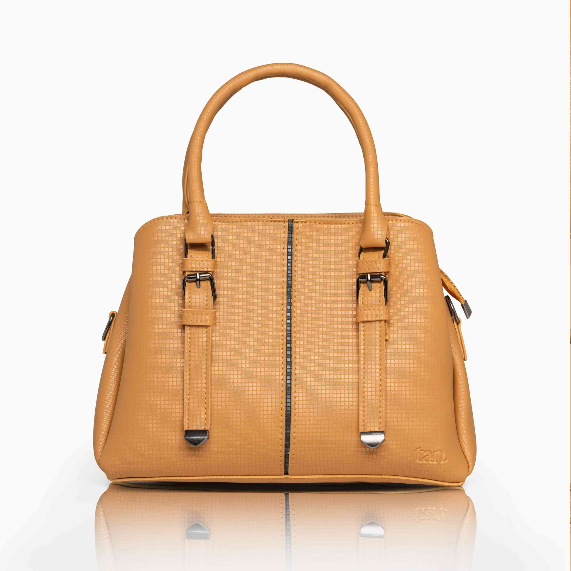 Mustard yellow textured satchel bag with cross-hatch pattern and gunmetal hardware by tan.