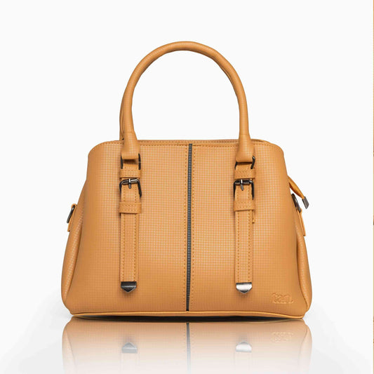 Mustard yellow textured satchel bag with cross-hatch pattern and gunmetal hardware by tan.