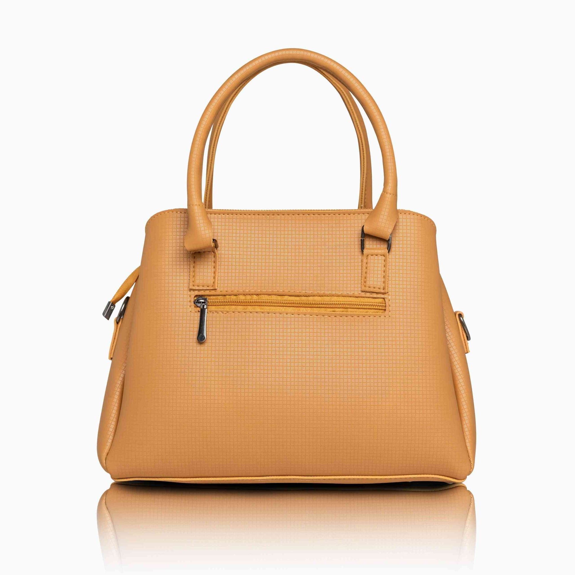 Elegant mustard yellow office bag for women, spacious textured leather handbag with top handles and back zip pocket