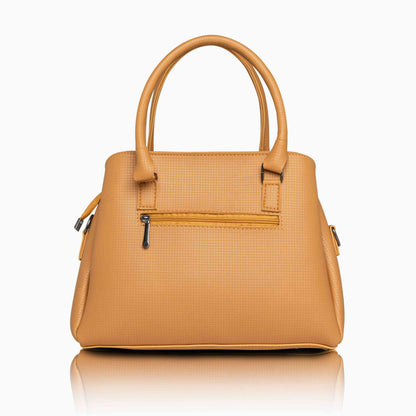 Elegant mustard yellow office bag for women, spacious textured leather handbag with top handles and back zip pocket