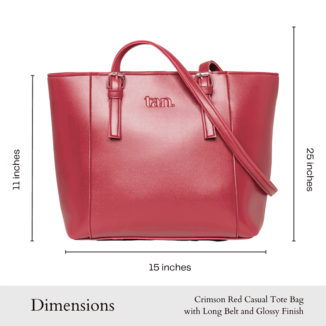 Size chart for tan. brand crimson red casual tote bag with glossy finish and long shoulder strap