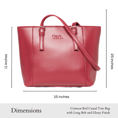 Size chart for tan. brand crimson red casual tote bag with glossy finish and long shoulder strap