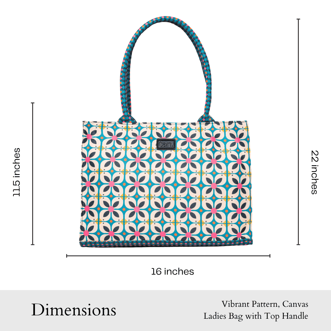 size chart by tan. of patterned tote handbag with pink and blue graphic print