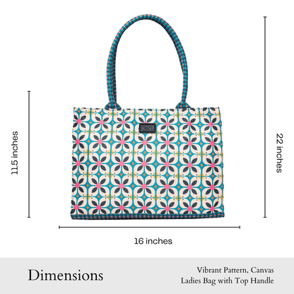 size chart by tan. of patterned tote handbag with pink and blue graphic print