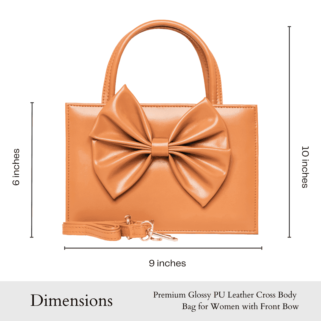 size chart of tan. crossbody bag camel coloured with bow and sturdy handles