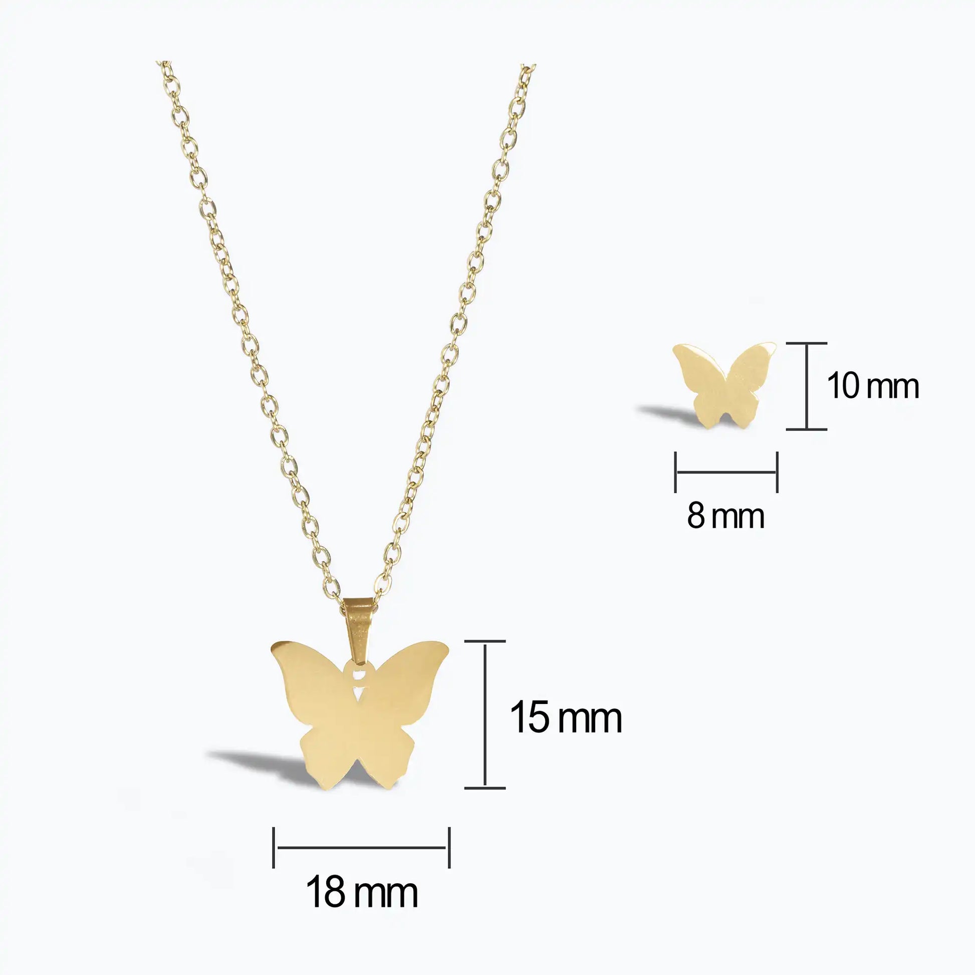 measurement chart by tan. butterfly pendant, golden chain and studs
