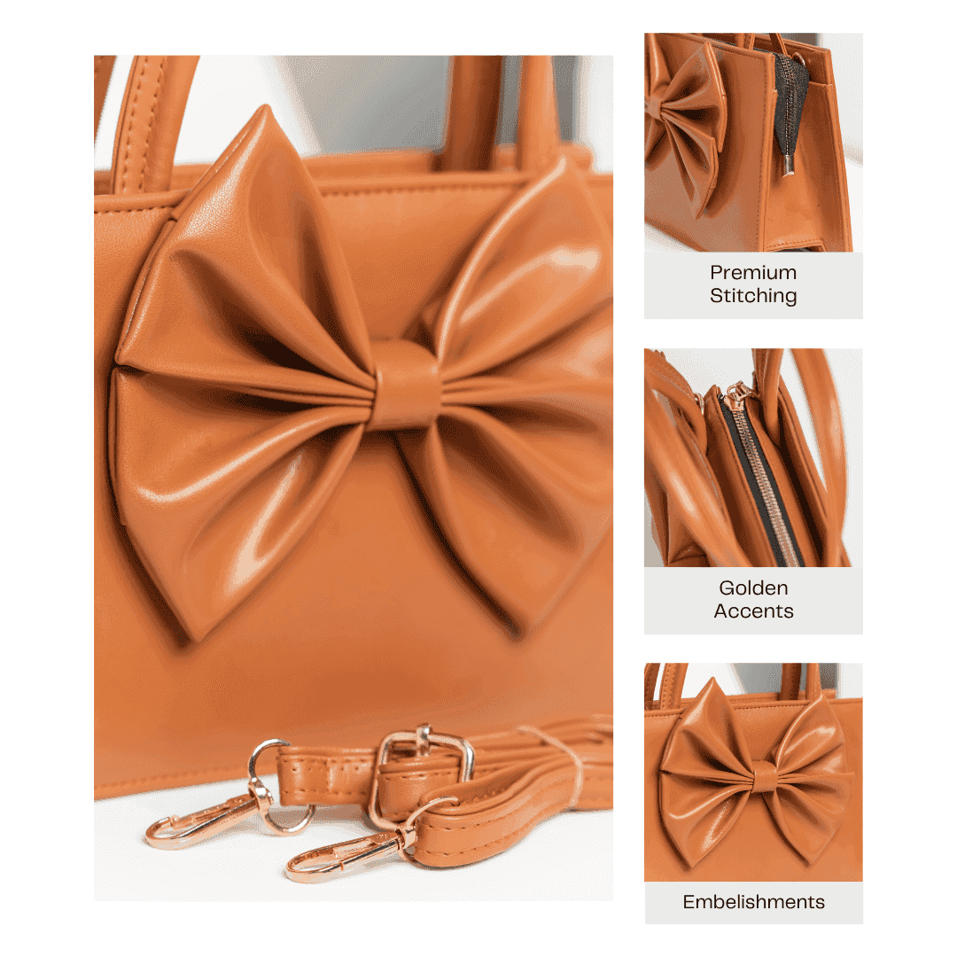 Detailed features of a tan bow handbag with golden hardware, premium stitching, and adjustable shoulder strap.