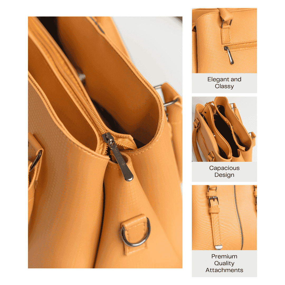 detailed features of a mustard satchel bag for women showing tripple compartment interior and secure zippers.
