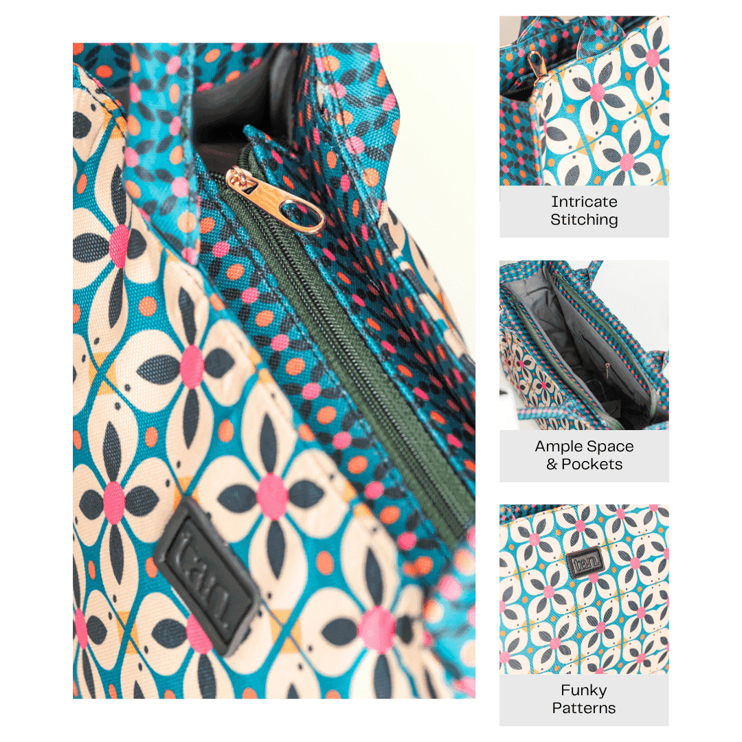Detailed view of a floral printed tote bag with a secure top zipper and ample interior pockets.