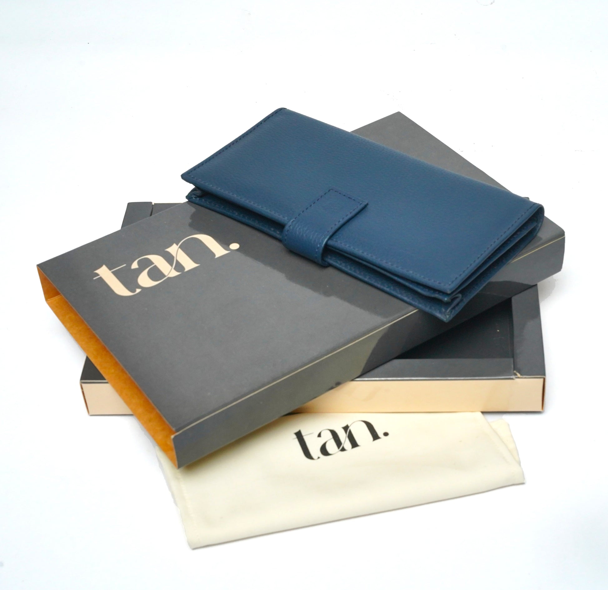 blue bifold wallet for women with gift packaging by tan.