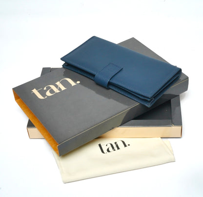 blue bifold wallet for women with gift packaging by tan.